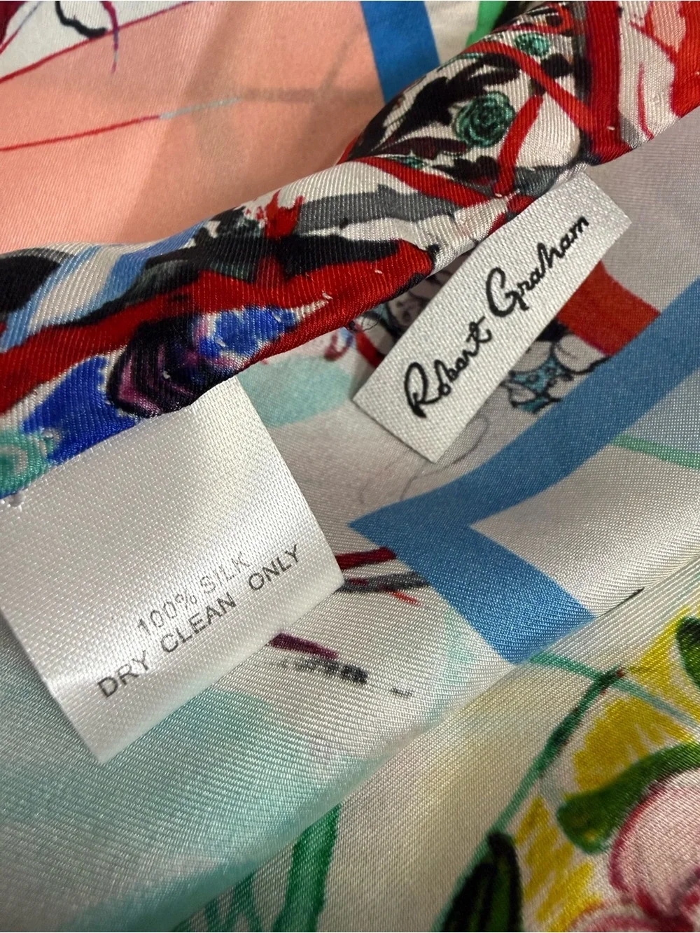 Robert Graham Watercolor Abstract Silk Scarf Blue/White/Red - Large